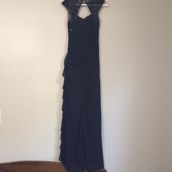Navy Lace Sequin Prom Dress - Picture 2 of 8